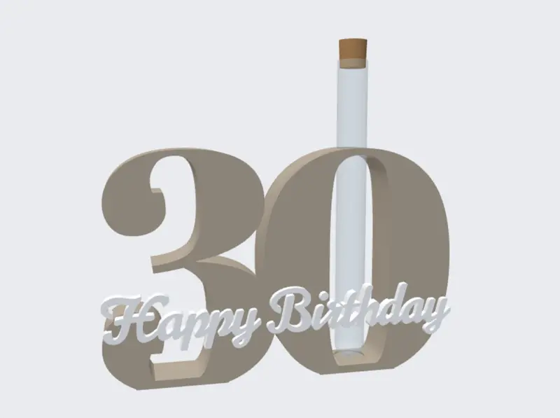 Zahl 30 mit Happy Birthday in Schreibschrift und einem Reagenzglas als Tischaufsteller