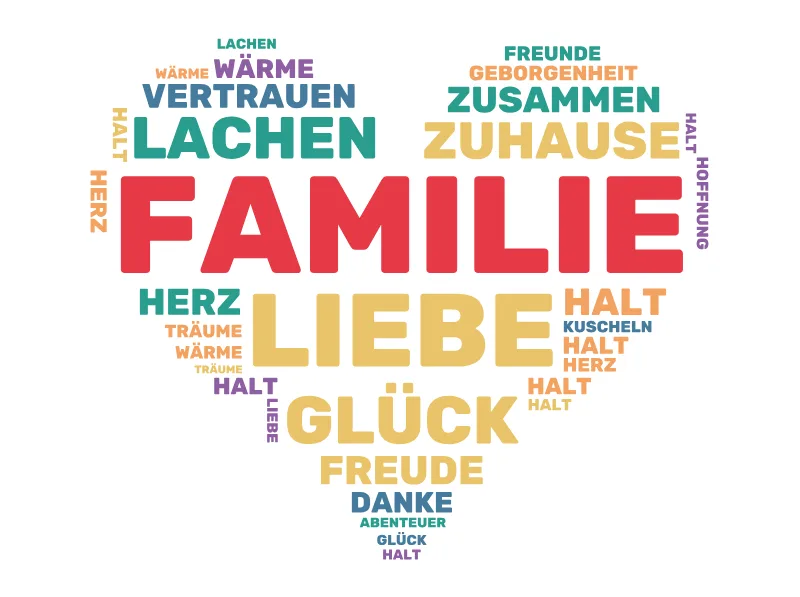 Bunte Wortwolke in Herzform mit dem Wort Familie groß in der Mitte