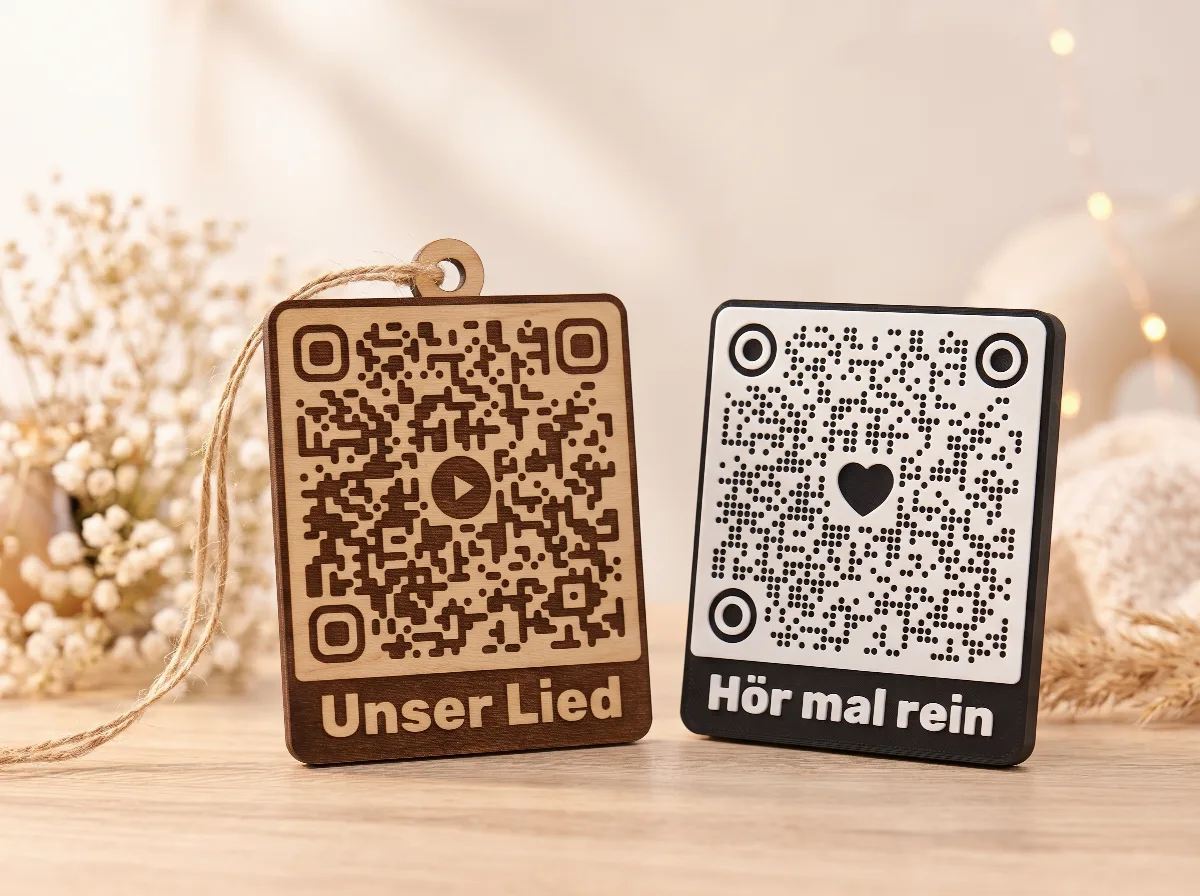 QR-Code mit Play-Knopf in der Mitte und dem Text Unser Lied, auf Holz gelasert